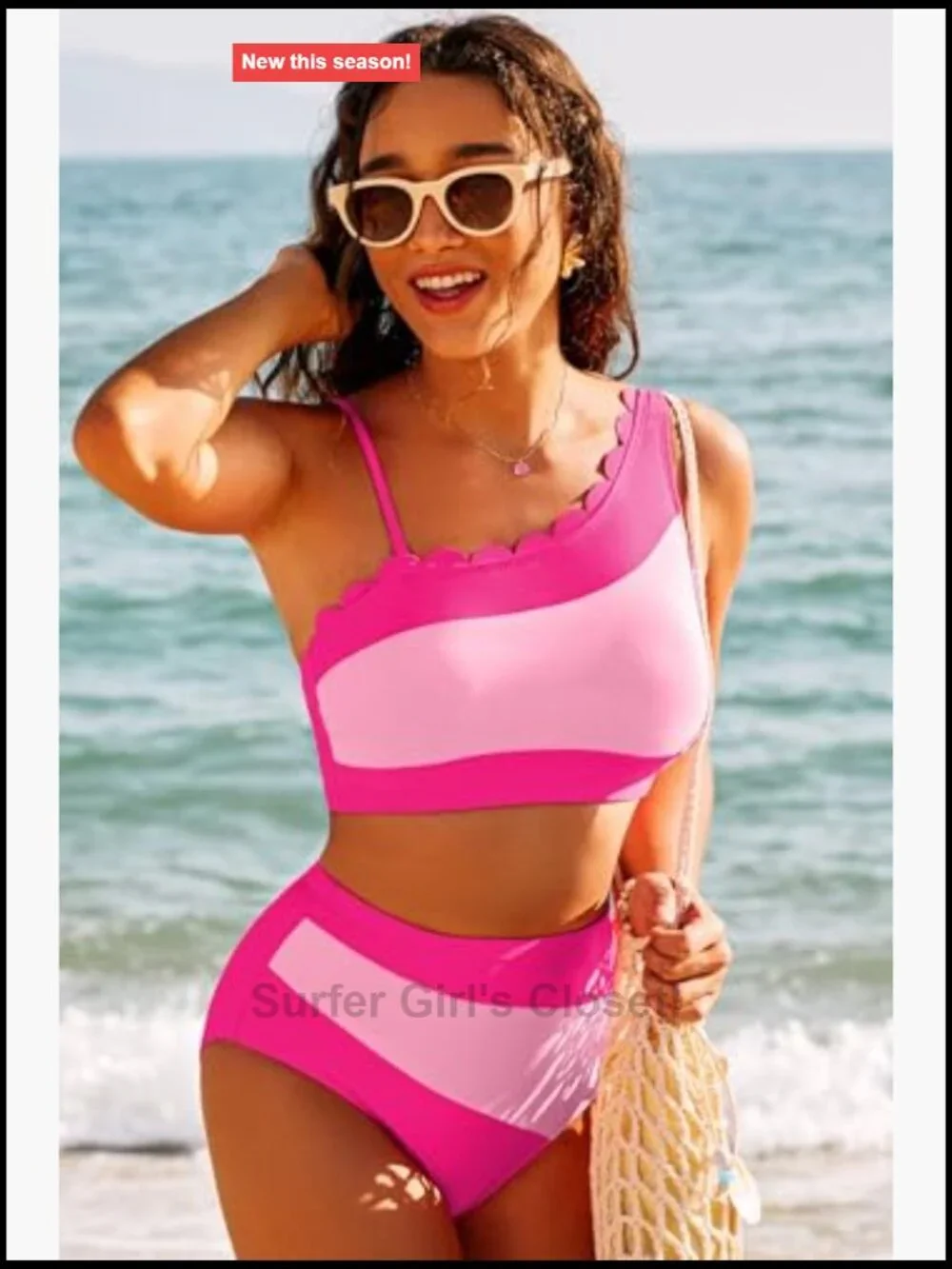 One Shoulder Color Block High Waisted Bikini Set Petal Edges Swimsuit